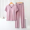 Traje de dos piezas de pijama de verano para mujer, pantalón corto de manga corta, crop top con almohadilla en el pecho, talla grande, holgado, fino, para casa
