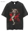 Tamanho Europeu Transfronteiriço Camiseta Masculina de Manga Curta Lavada Vintage Desenho Animado Anime Estilo Dark High Street Europeu e Americano Camiseta Curta Masculina