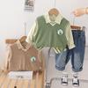 Meninos Bonito Terno de Manga Comprida 2024 Novo Outono Infantil Casual Estilo Ocidental Dinossauro Colete Conjunto de Três Peças Bebê Na Moda