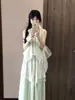 Vestido Largo de Falda sin Mangas con Cuello Halter Estilo Dulce Francés Nuevo de Verano con Encaje Adelgazante y Flores para Mujer