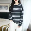 Suéter de Tricô Listrado Color Block Retrô para Mulheres, Outono Manga Longa Gola Redonda Solto Fino, Top Básico Estiloso para o Dia a Dia