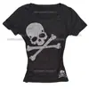 Y2K Millennium Girl Camiseta Curta Retrô Manga Curta Gola Redonda Cropped com Padrão de Strass Ins Moda de Rua