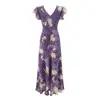 Elegante y Romántico Vestido Floral Estilo Francés con Mangas Cortas Volantes, Ribete de Encaje, Cuello en V, Ajustado a la Cintura para Verano, Vestido Largo de Vacaciones