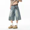 Pantalones cortos de mezclilla cropped deconstruidos con efecto desgastado estilo americano para hombre, de verano, holgados, pierna ancha, silueta lavada, rectos, exportación transfronteriza