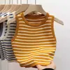 Verano para Mujer Estilo Coreano Nuevas Llegadas Ropa Exterior Tejido Sin Mangas Top Corto Ajustado Cuello Redondo Top sin Mangas Rayado