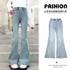 Calça Feminina Primavera e Outono 2026 Novo Estilo Jeans Flare Infantil para Crianças Maiores, Calça Longa Casual Forrada com Fleece Tendência