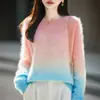 Suéter Feminino de Lã Escovada Degradê, Novo Outono/Inverno 2026 Malha Cashmere Ready-to-Wear Gola Redonda, Manga Longa