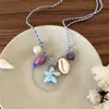 Collar Trenzado de Peces Pequeños, Estrellas de Mar y Conchas de Cerámica Dopamina para Mujer, Accesorio de Cadena Larga Estilo Vacaciones de Verano Dulce