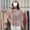 Top tipo camisa de color sólido, cuello alto, manga de tres cuartos, algodón y lino teñido en hilo, suave y juvenil, para mujer, cárdigan babydoll artístico de corte holgado para verano