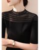 2025 Nuevo Verano Cuello Medio Alto Encaje Calado Malla Manga Corta Tejido Camiseta Negra Ajustada para Mujer Top Delgado
