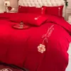 Nuevo Juego de Cuatro Piezas de Algodón Bordado Estilo Chino de Alta Gama para Boda, Sábana Roja Brillante, Funda de Edredón de Algodón Puro, Ropa de Cama para Boda