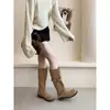 Botas de Motociclista Longas Vintage com Design de Nicho Desgastado para Mulheres, Botas de Cano Médio com Salto Grosso, Botas de Cano Alto Estilo Workwear