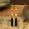 Pendientes Originales Tulipán de Plata de Ley 925 con Ágata Negra para Mujer Simples Largos Geométricos Esmalte Negro Pendientes Atmosféricos