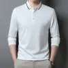Otoño 2024 Nueva Camiseta de manga larga simple para hombre cuello de polo de mediana edad color de contraste top a rayas 337