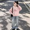 Nuevo Conjunto de Moda Primavera y Otoño para Niñas Mayores: Sudadera Dulce con Cuello y Jeans Estilo Universitario, Conjunto de Dos Piezas de Moda