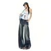 Jeans Vintage Desgastado de Nicho com Textura Patchwork Arranhado Lavado Design Solto Emagrecedor para Mulheres Primavera 2026