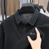 Suéter Patchwork Rayado Falso de Dos Piezas para Hombre, Otoño e Invierno, Forrado de Felpa y Engrosado, Estilo Papá de Mediana Edad, Sudadera Base Cálida Casual