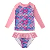 Conjunto de traje de baño de dos piezas para niñas, traje de baño de manga larga con diseño de escamas de pez, adecuado para niños mayores, traje de baño para protección solar en la playa con alta elasticidad Escamas de pez