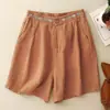 Estilo Étnico Bordado Retro Algodón y Lino Verano Nuevo Color Sólido Cintura Elástica Holgados Pantalones Cortos de Pierna Ancha para Mujer Adelgazantes Casuales