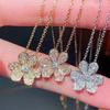 Collar de Trébol CNC Oro de 18 Quilates Estilo V Incrustado de Diamantes Flor de Tres Hojas Cadena de Clavícula Totalmente Diamantada Mayoreo