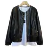 Moda Otoño 2026 Chaqueta de Cuero Elegante Tallas Grandes Abrigo para Mujer Estilo Coreano Moderno Cuello Redondo Manga Larga Top de Piel PU