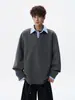 Moletom Gola Camisa Listrada Falso Duas Peças para Homem, Tamanho Grande, Moderno, Primavera e Outono, Padrão de Espiga de Trigo Texturizado, Top com Gola Reversível