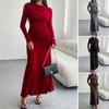 Ropa Europea y Americana de Amazon Otoño e Invierno 2024 Transfronteriza Vestido Elegante de Color Puro con Cuello de Una Línea que Cubre la Cadera