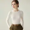 Novo suéter de malha fina 100% lã, gola redonda, corte slim, para mulheres, blusa base de tricô de manga longa, top versátil de cor sólida para outono e inverno