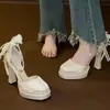 Zapatos de tacón alto Mary Jane con plataforma impermeables y lazo estilo francés para mujer, tacón grueso, nuevos 2026, de satén, cómodos, para bodas con elegancia
