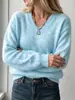 Suéter de punto de lana con cuello en V para mujer, superventas transfronterizo de otoño e invierno, suave y cómodo, adecuado para ir al trabajo, simple y versátil, suéter de punto de color liso