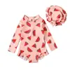 Traje de baño de dos piezas para niña con estampado, cremallera media, manga larga y gorro, de comercio exterior europeo y americano, para primavera y otoño