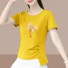 2026 Nuevo Modelo Camiseta de Manga Corta de Comercio Exterior para Mamá, Corte Holgado, Tallas Grandes, Adelgazante, Cubre Vientre, Top Estampado de Media Manga
