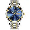 Relógio de pulso LIGE/Lige LG9846 com calendário duplo, pulseira de aço, três ponteiros, quartzo, business, à prova d'água, pulseira de aço, calendário dourado e branco
