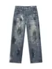 Roupas Masculinas Fengshe / Jeans Tendência Estilo Americano Lavagem Suja Grafite Perna Reta para Homens e Mulheres - Nova Coleção Primavera e Outono