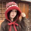 Chapéu de Tricô Estilo Fair Isle Coreano para Mulheres, Chapéu de Lã Quente à Prova de Vento para Outono/Inverno, Faz o Rosto Parecer Menor, Chapéu com Amarração para a Cabeça