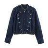 Casaco Jaqueta Jeans Europeu e Americano Retro Curto Slim de Gola Alta com Botões Duplos 0695272