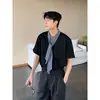 Camiseta de Verano para Hombre Estilo Coreano Patchwork Cuello a Cuadros Manga Corta Top de Media Manga con Temperamento de Nicho Americano y Sensación de Alta Gama para Hombre