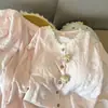 Nuevo Estilo Conjunto de Pijama de Doble Raya Larga con Almohadilla en el Pecho para Mujer Primavera y Otoño Cárdigan Dulce Fresco Color Sólido Encaje Conjunto de Ropa para el Hogar