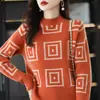 Novo suéter de malha jacquard com gola redonda e manga longa para outono e inverno para mulheres, top moderno, confortável, macio, versátil e que afina a silhueta para mulheres