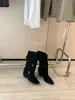 Botas de mujer de moda hasta la mitad de la pantorrilla 2026 otoño e invierno nuevo estilo botas sencillas con mangas de empalme y hebilla de cinturón botas de moda de pierna ancha