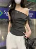 Camiseta Feminina de Algodão Coreano com Design Canelado, Blocos de Cor, Listrada, Ombro a Ombro com Amarração, Manga Curta, Verão, Slim Fit, Top Versátil