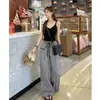 Pantalones de pierna ancha hasta el suelo para mujer, diseño simple de cordón, otoño temprano, delgados, de cintura alta, holgados, adelgazantes, a cuadros, versátiles y de moda