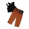 Conjunto de Verão Tendência Estilo Europeu e Americano Transfronteiriço para Crianças Pequenas e Médias, Conjunto de Duas Peças com Colete de Listras Verticais e Calça com Bolsa na Cintura Pronto para Venda