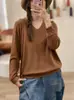 Nuevo Suéter de Punto Holgado de Manga Larga de Color Sólido, Cuello en V, Tencel, Versátil, Adelgazante, para Mujer, Otoño/Invierno 2026