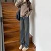Jeans Marrones Estrechos de Cintura Alta Pierna Recta Moda para Mujer Versátil Talla Grande Aspecto Holgado Delgado Pantalones de Pierna Ancha