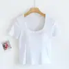 Top Quadrado de Manga Curta com Gola Redonda e Bojo no Peito Camiseta Feminina de Verão Camiseta Básica Slim-fit Roupa Íntima Slim-fit BRA-T