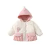 Chamarra de algodón con capucha de dibujos animados rosa, estilo nuevo, moda coreana, forrada de polar, para niñas, venta al por mayor desde fábrica de ropa infantil