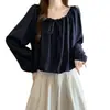 Blusa de encaje con cordones, manga larga, estilo nuevo, con volantes, forma de capullo, para mujer, top holgado y adelgazante