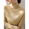 Elegante y sofisticado suéter de cuello alto verde oscuro con mangas largas, camisa base tejida para mujer A5455