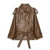 Ropa Nueva de Mujer para Primavera 2026 de Aliexpress Transfronterizo Color Sólido Corte Ajustado Gabardina Corta de Cuero Sintético con Cinturón 5854865